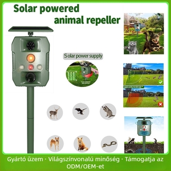 Kültéri napenergiás ultrahangos állatriasztó, ZS-618 modell, 5V, 13,5–28,5 kHz, 1W, LED villogó fény