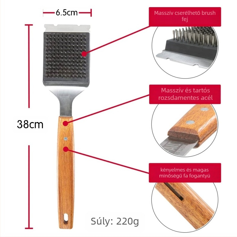 Kültéri BBQ kefe kaparóval, hosszú fa markolattal, cserélhető rozsdamentes acél sörtéjű fej a grillsütő és füstölő tisztításához