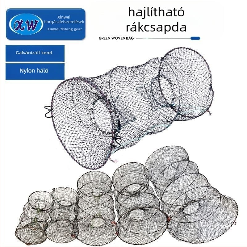 Xinwei Horgászfelszerelés rákoskosár – összecsukható, kerek alakú, teleszkópos rugómechanizmus, háló