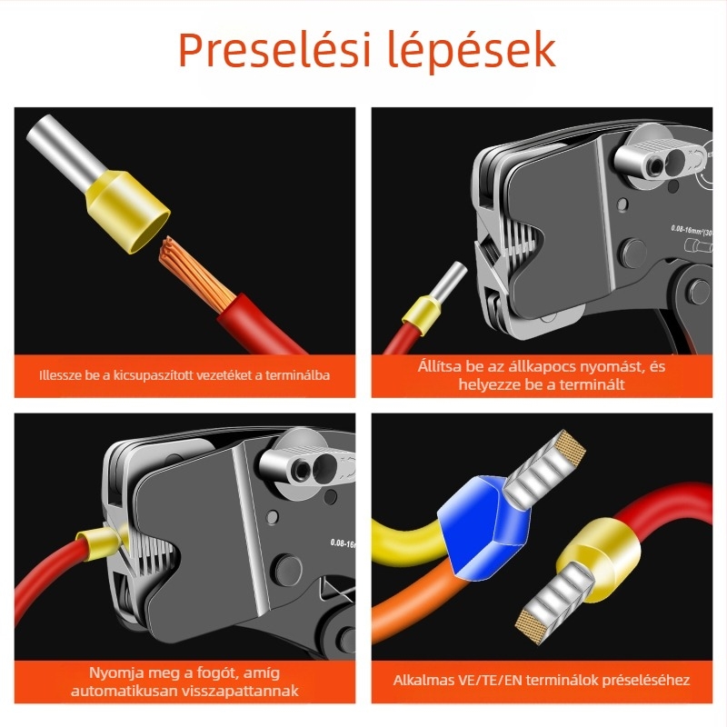 SANJIANG VE csőterminálokra krimpelő fogó, előszigetelt tűterminálokhoz, különleges krimpelés csőterminálokra, magas széntartalmú acél, tömeg 0.52