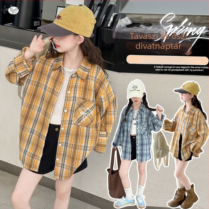 Lányoknak készült kockás polo-nyakú hosszú ujjú ing, 70% pamut, 8+ éveseknek (140 cm+), tavasz–ősz