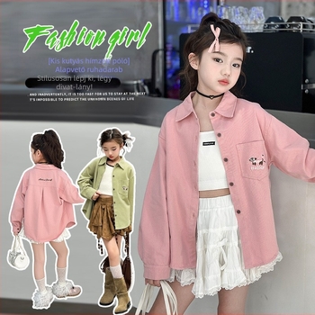 Lányok tavaszi felső 2025, sportos stílus, pamut 80% anyag, hosszú ujjú, kutyus hímzés