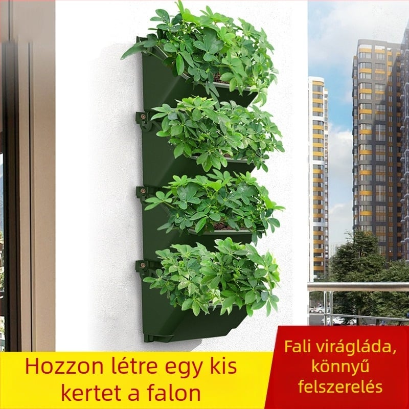 Falra szerelhető virágtartó, újrahasznosított műanyagból; lélegző, korrózióálló és strapabíró; injektálással formázott