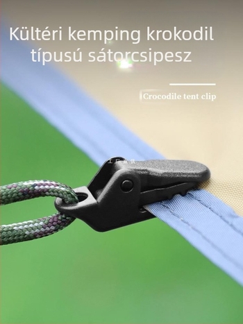 Kemping sátorhoz való krokodilklipsz, nyomógombos csúszásvédő, szélálló, húzóponti horog