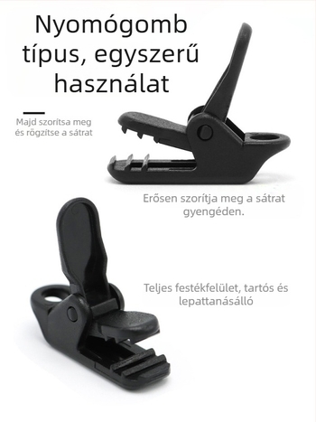 Kemping sátorhoz való krokodilklipsz, nyomógombos csúszásvédő, szélálló, húzóponti horog