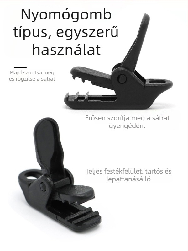 Kemping sátorhoz való krokodilklipsz, nyomógombos csúszásvédő, szélálló, húzóponti horog