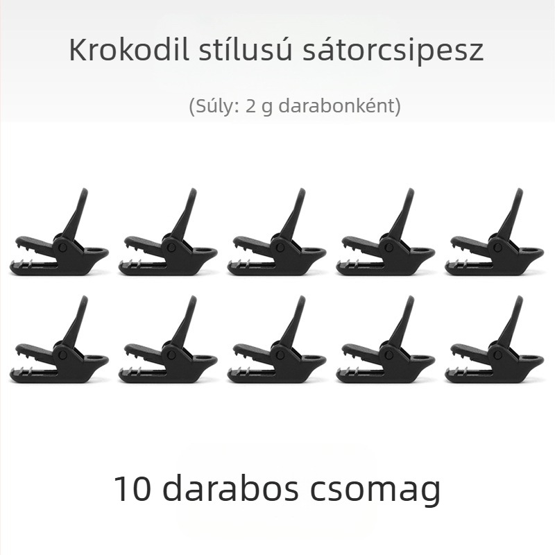 Kemping sátorhoz való krokodilklipsz, nyomógombos csúszásvédő, szélálló, húzóponti horog