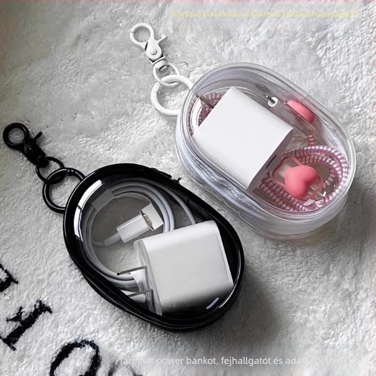 PVC hengeralakú adatkábelt és fülhallgatót tároló, hordozható, átlátszó, autóhoz szerelhető