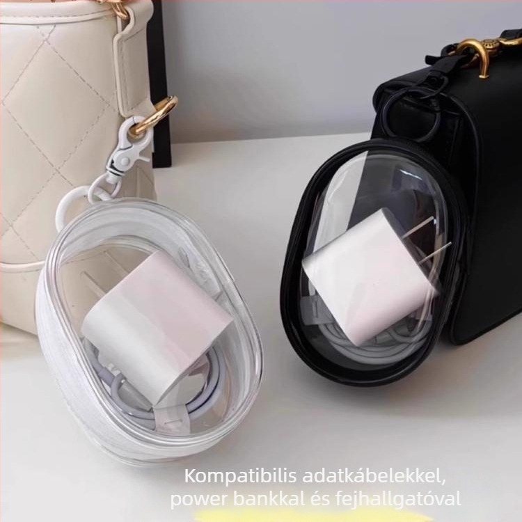 PVC hengeralakú adatkábelt és fülhallgatót tároló, hordozható, átlátszó, autóhoz szerelhető