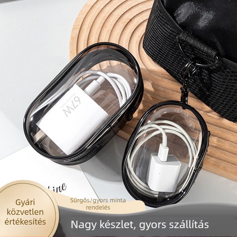 PVC hengeralakú adatkábelt és fülhallgatót tároló, hordozható, átlátszó, autóhoz szerelhető