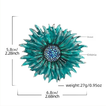 Ötvözetből készült napraforgó kitűző, vintage stílusú zománc, gyémánt díszítés