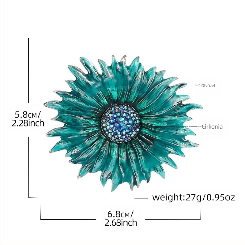 Ötvözetből készült napraforgó kitűző, vintage stílusú zománc, gyémánt díszítés