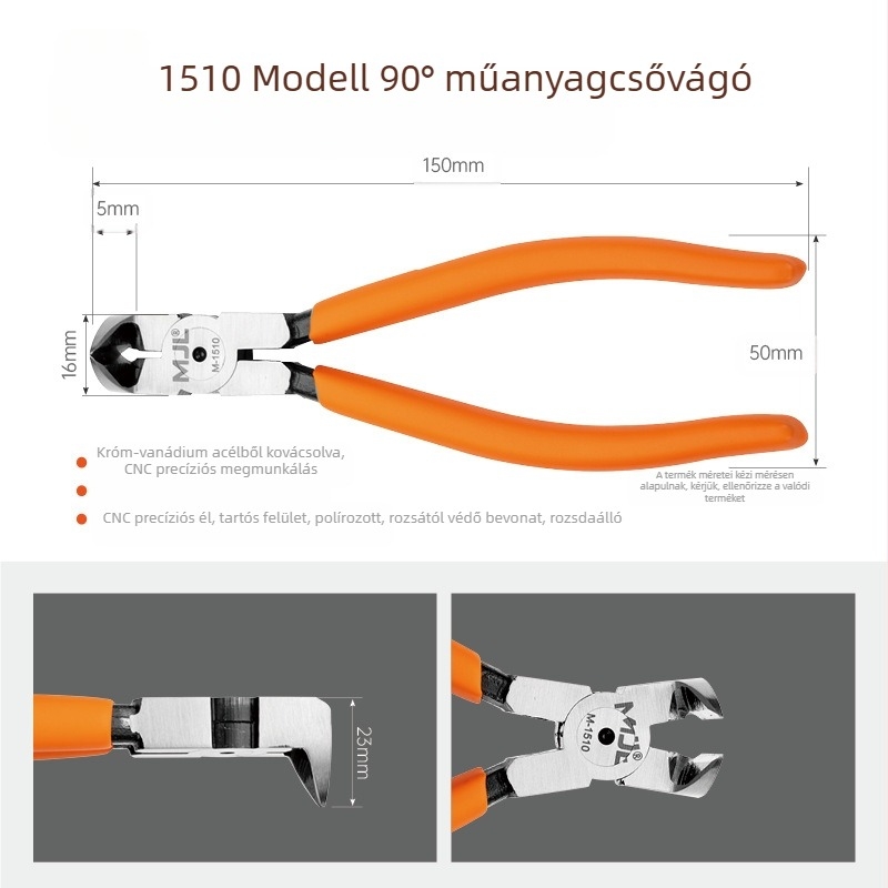 Meijialong Ipari osztályú 90° víznyílás fogó, 45° és derékszögű változatokkal | Króm-vanádium acél CR-V | Hőkezelés 42–50 HRC | Vágó él 54–62 HRC | Tömeg 0,11 kg | Rozsdagátló bevonat