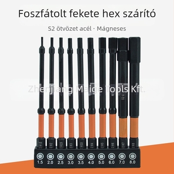 10 darabos méretű hex bitek készlet, foszfátos felület, S2 ötvözet, ütésálló, keskeny nyakú kialakítás