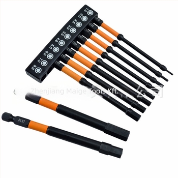 10 darabos méretű hex bitek készlet, foszfátos felület, S2 ötvözet, ütésálló, keskeny nyakú kialakítás