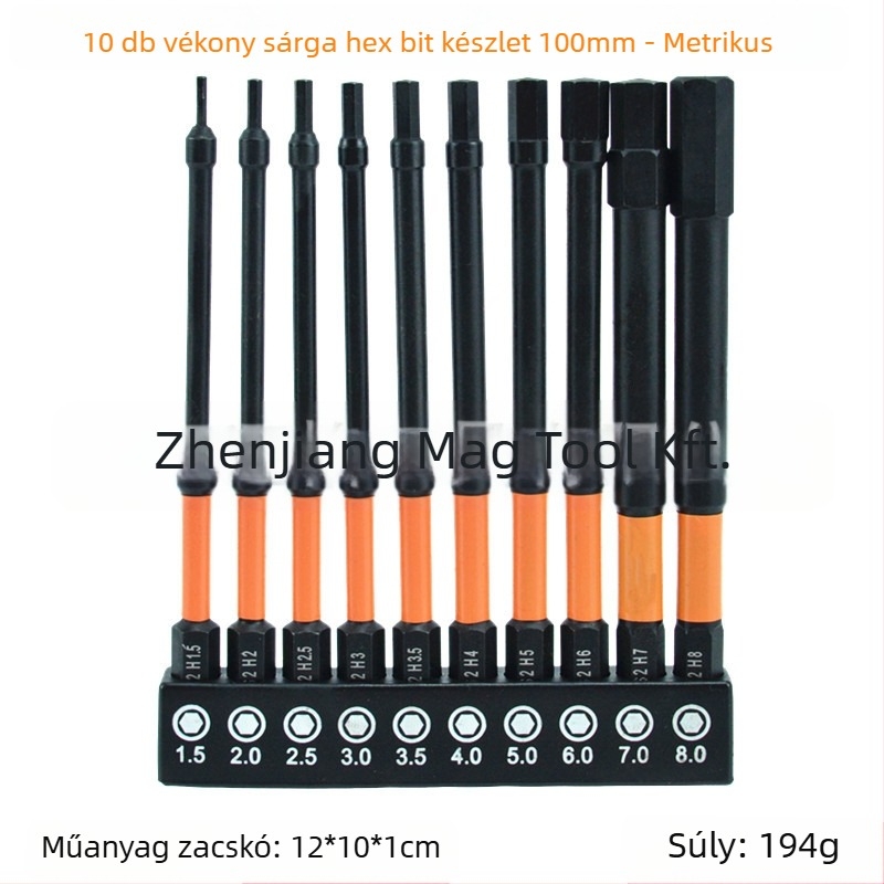 10 darabos méretű hex bitek készlet, foszfátos felület, S2 ötvözet, ütésálló, keskeny nyakú kialakítás