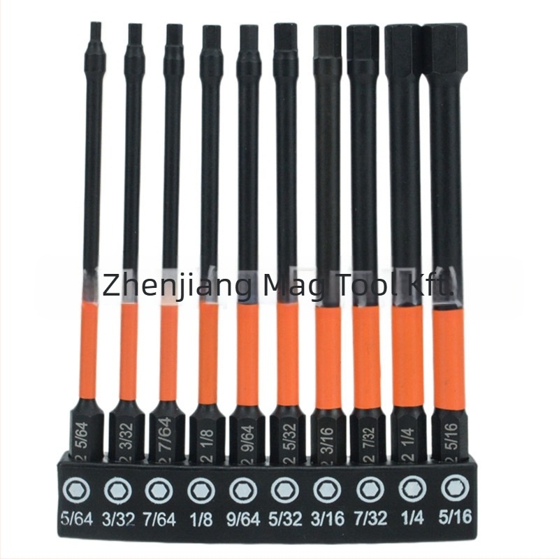 10 darabos méretű hex bitek készlet, foszfátos felület, S2 ötvözet, ütésálló, keskeny nyakú kialakítás