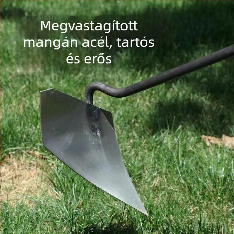 Megvastagított mangánacél háromszög kapa, talaj lazítására és árkolásra, hegyes fejjel.
