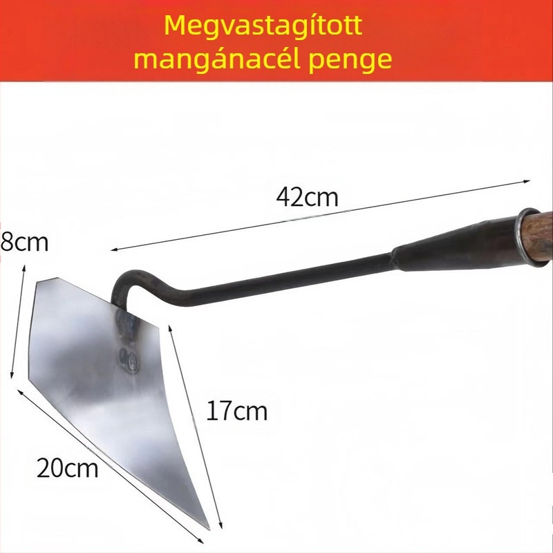 Megvastagított mangánacél háromszög kapa, talaj lazítására és árkolásra, hegyes fejjel.
