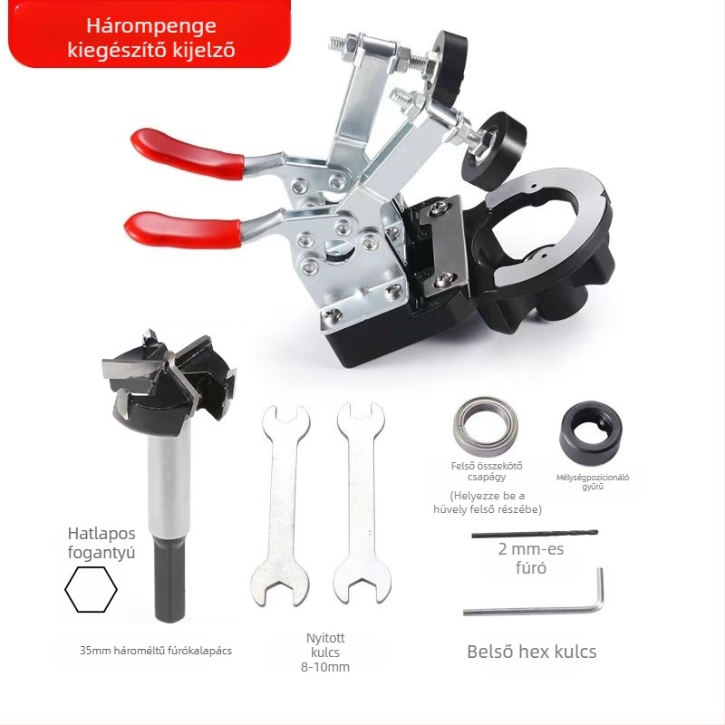 Faipari csuklófúrási útmutató és ajtócsukló lyukhelymeghatározó eszköz – szerelési segédeszköz