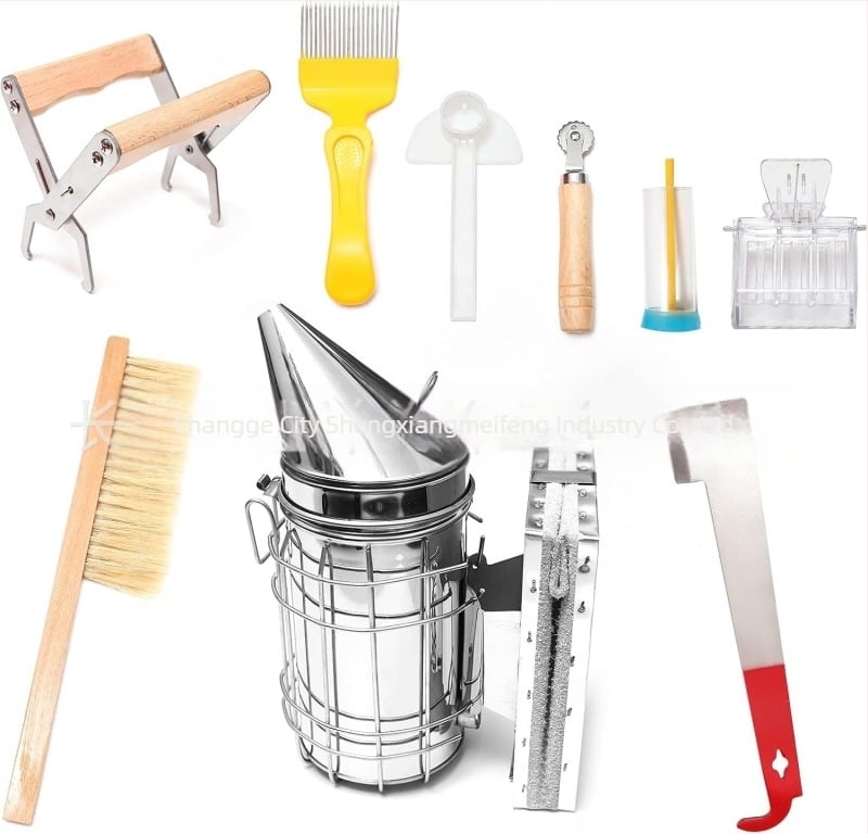 Méhészeti eszközök – 10 részes készlet füstölővel, tárolótáskával, keretekkel, keretklipszekkel és jelölőkkel a tenyésztéshez