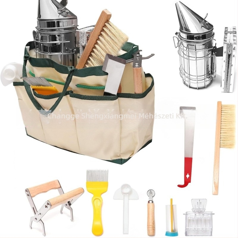 Méhészeti eszközök – 10 részes készlet füstölővel, tárolótáskával, keretekkel, keretklipszekkel és jelölőkkel a tenyésztéshez