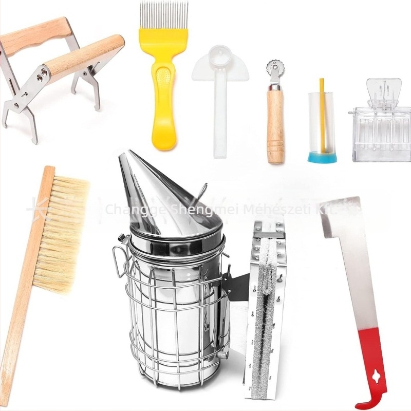 Méhészeti eszközök – 10 részes készlet füstölővel, tárolótáskával, keretekkel, keretklipszekkel és jelölőkkel a tenyésztéshez