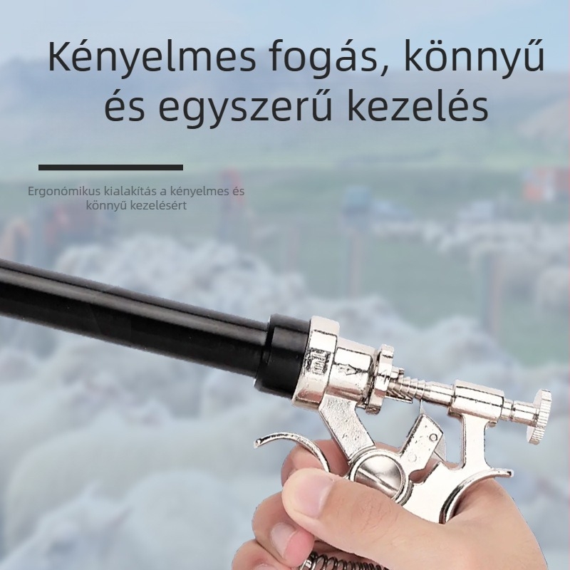 Állatorvosi rozsdamentes acél hosszú kartú folyamatos injektor, állítható vakcinázó injektor disznók, szarvasmarhák és juhok számára — alkalmas állattenyésztésre és akvakultúrára; normál hőmérsékletű működés; minőségbiztosítás