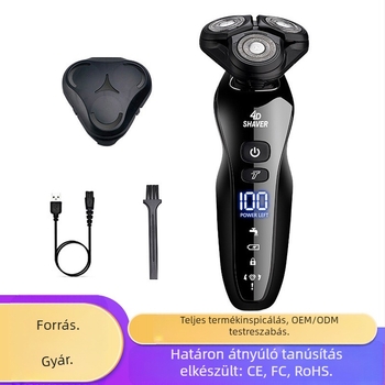Elektronikus borotva forgó hárompengés fejjel, újratölthető, beépített 500–800 mAh akkumulátor, üzemidő akár 60 perc, vízálló a teljes test tisztításához