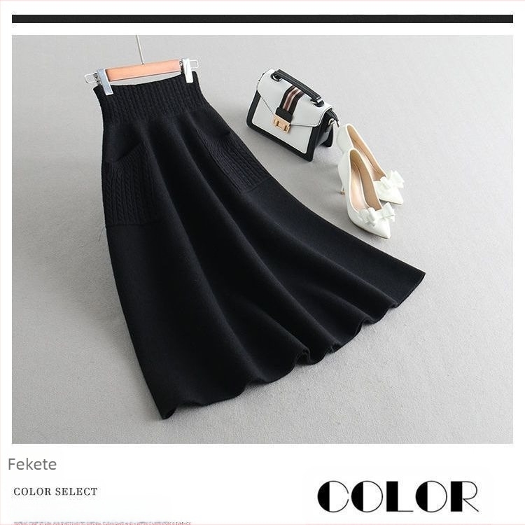 Középméretű A-vonalú kötött szoknya zsebekkel, poliészter keverék, puha plüssös textúra