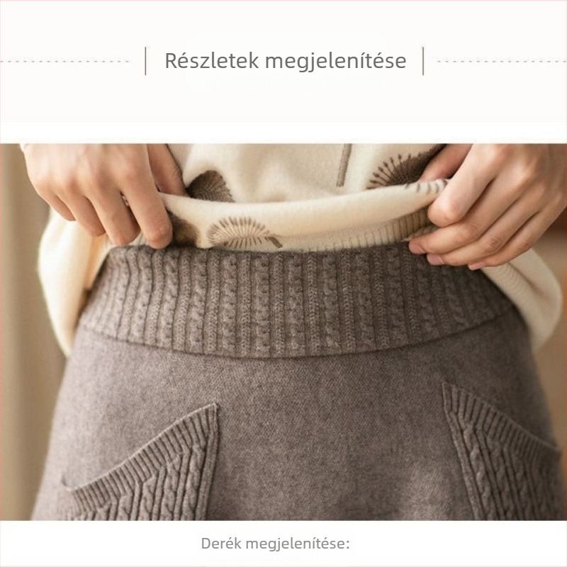 Középméretű A-vonalú kötött szoknya zsebekkel, poliészter keverék, puha plüssös textúra