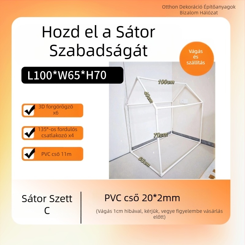 PVC sátor DIY játszóház műanyag vázzal és 20 PVC cső kiegészítővel