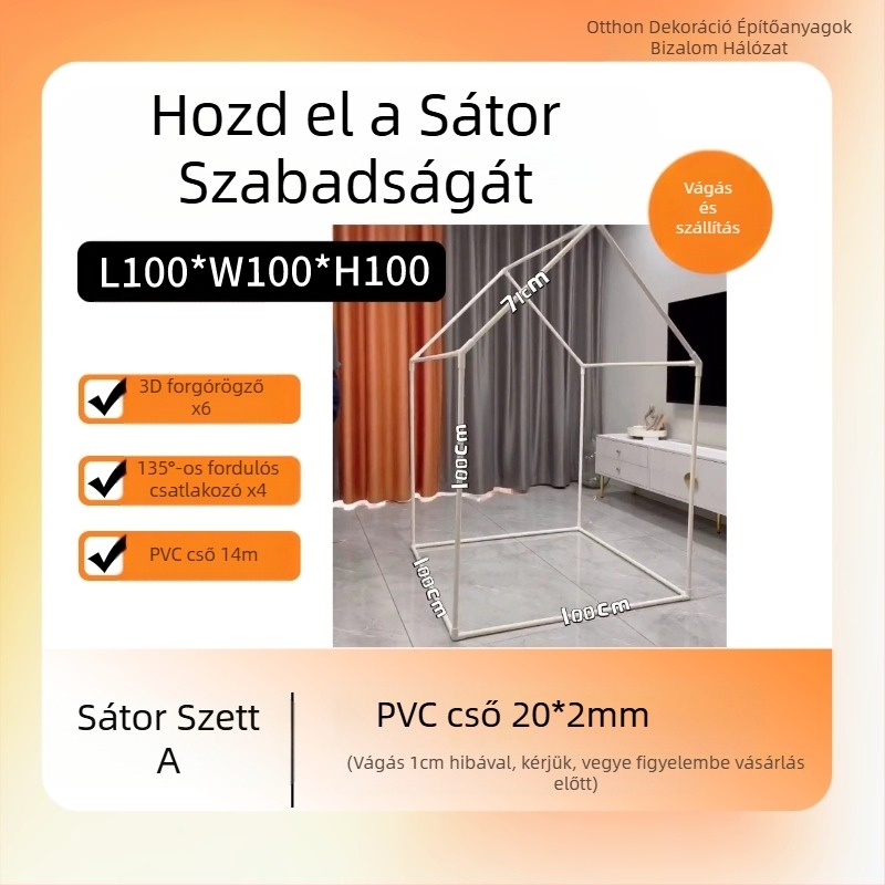 PVC sátor DIY játszóház műanyag vázzal és 20 PVC cső kiegészítővel