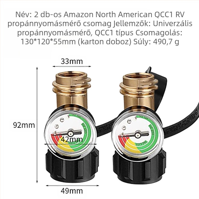 POL gázpalack adapter réz anyagú, manométerrel, QCC1, Propán, 2 darabos készlet