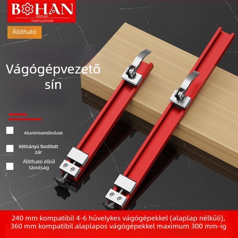 Állítható vágógép-támasz – pozicionáló eszköz állítható él-távolsággal és fúrási alaplemez faipari panelek vágásához