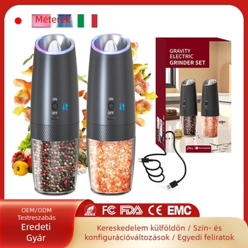 Elektronikus borsőrlő gravitációs érzékelővel, rozsdamentes acélból, hordozható; őröl borsot, durva sót, borsszemeket és köményt.