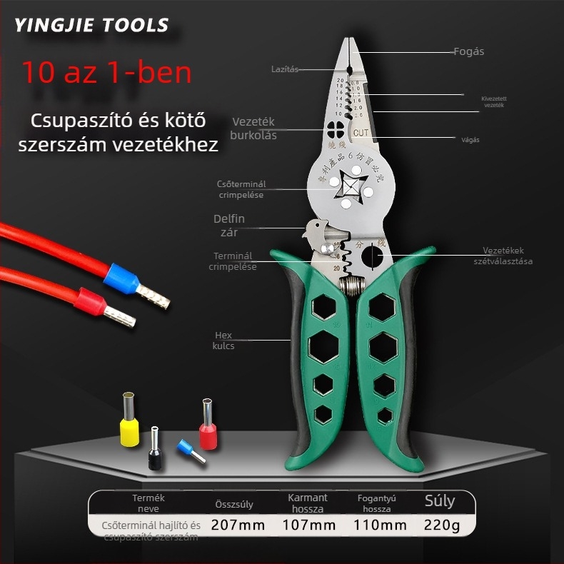Yinjie Csőterminál krimpelő és vezeték-húzó fogó, villanyszerelő fogó, egyenes fej, 0,22 kg