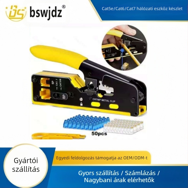 RJ45 Crimpelő készlet Cat5e/6/7 farokklippel, magas széntartalmú acélból, könnyen használható