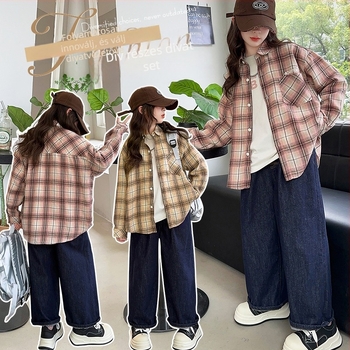 Lányoknak készült kockás ingeszett, hosszú ujjú, 70% pamut, pamut-keverék anyag, tavasz–ősz