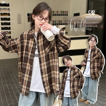 Lányoknak készült két részes öltözet: hosszú ujjú kockás ing és nadrág, pamutkeverék, koreai stílus, tavasz–ősz, 8 évesnél idősebbeknek