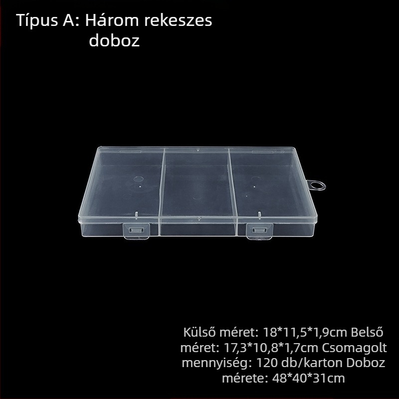 PP-plasztikus tároló doboz fix rekeszekkel és fedéllel, konfigurációk 3, 5 vagy 12 rekesz, alkalmas gyöngyökre, csavarokra, horgokra, elemek és elektronikus alkatrészek számára