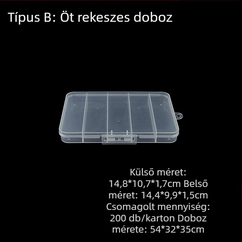 PP-plasztikus tároló doboz fix rekeszekkel és fedéllel, konfigurációk 3, 5 vagy 12 rekesz, alkalmas gyöngyökre, csavarokra, horgokra, elemek és elektronikus alkatrészek számára