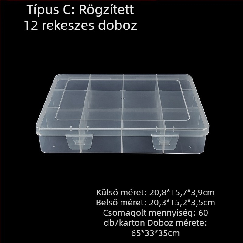 PP-plasztikus tároló doboz fix rekeszekkel és fedéllel, konfigurációk 3, 5 vagy 12 rekesz, alkalmas gyöngyökre, csavarokra, horgokra, elemek és elektronikus alkatrészek számára