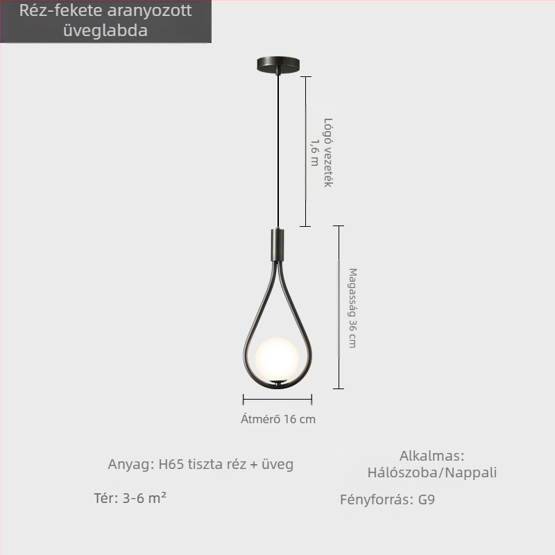 Egyszárnyú réz LED csillár üvegbúrával, modern minimál stílus, 36V-ig