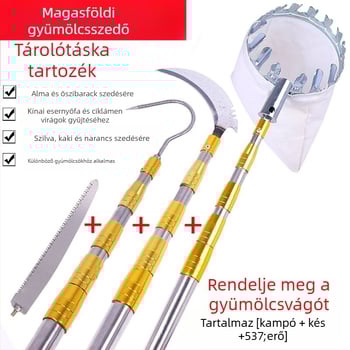 Teleszkópos gyümölcsszedő eszköz ágakra metszőollóval és kampóval — rozsdamentes acél, 5–6 rész, állítható hossz