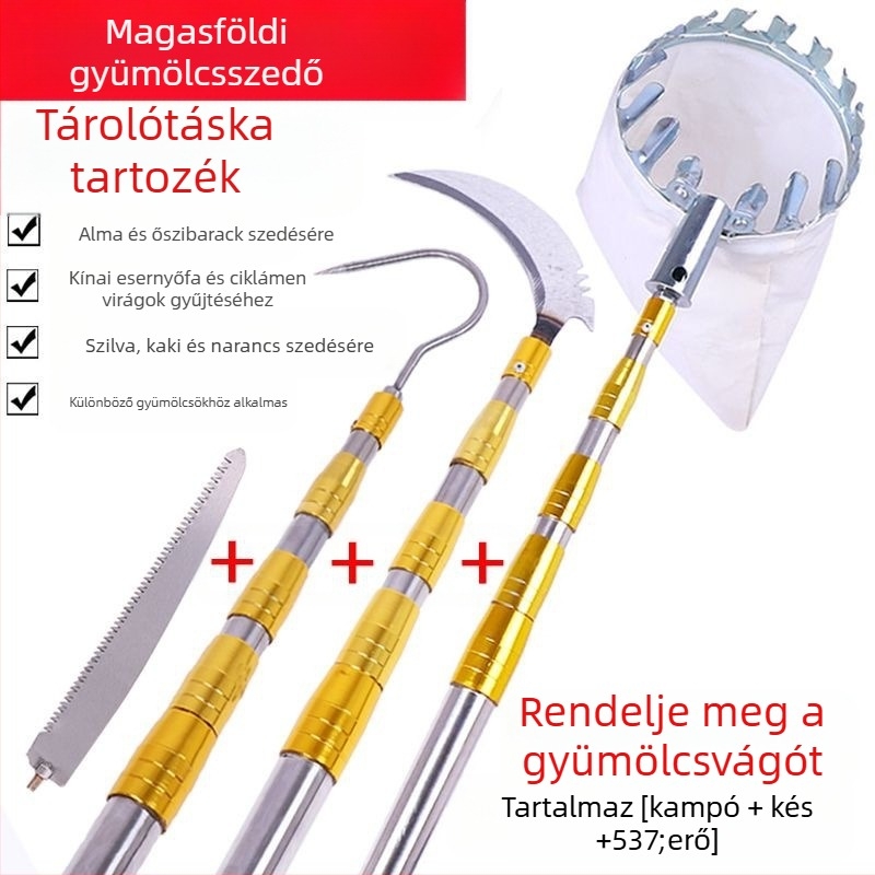 Teleszkópos gyümölcsszedő eszköz ágakra metszőollóval és kampóval — rozsdamentes acél, 5–6 rész, állítható hossz