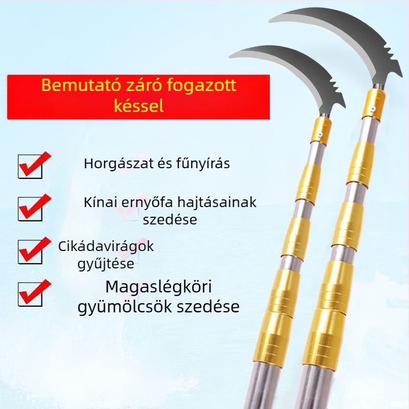 Teleszkópos gyümölcsszedő eszköz ágakra metszőollóval és kampóval — rozsdamentes acél, 5–6 rész, állítható hossz