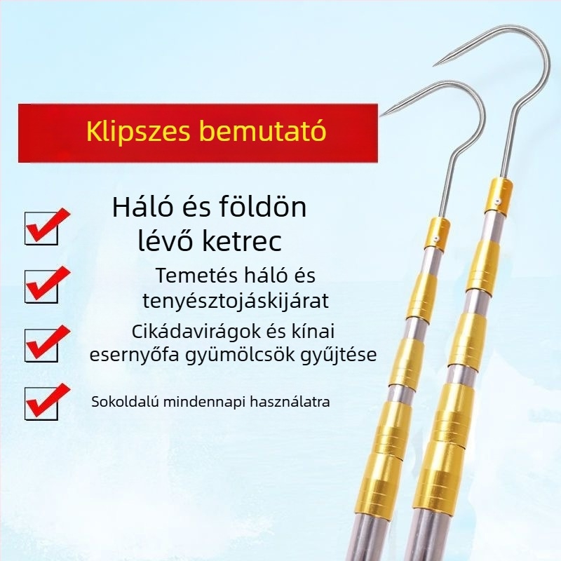 Teleszkópos gyümölcsszedő eszköz ágakra metszőollóval és kampóval — rozsdamentes acél, 5–6 rész, állítható hossz