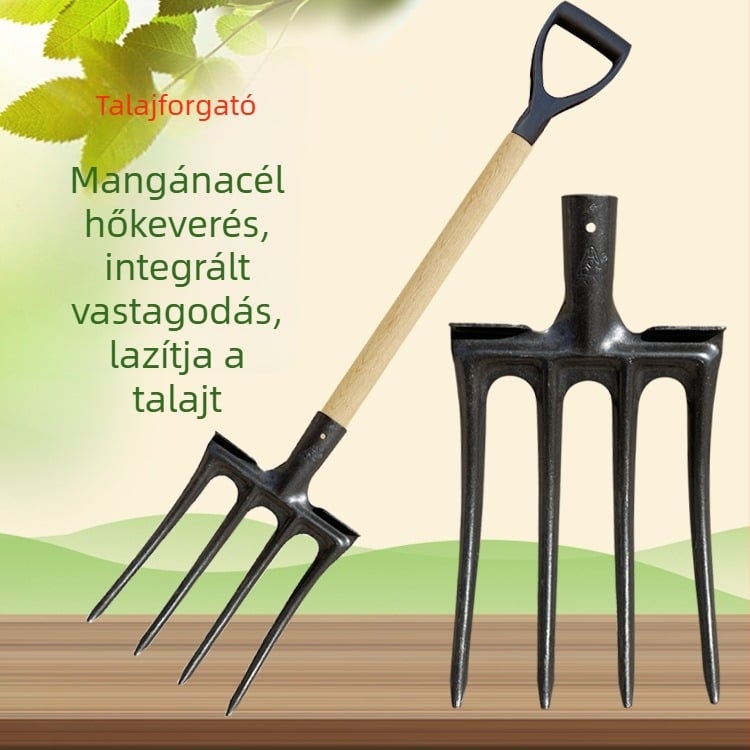Négyfogas villa mangánacélból, kerti ásáshoz és talaj lazításához