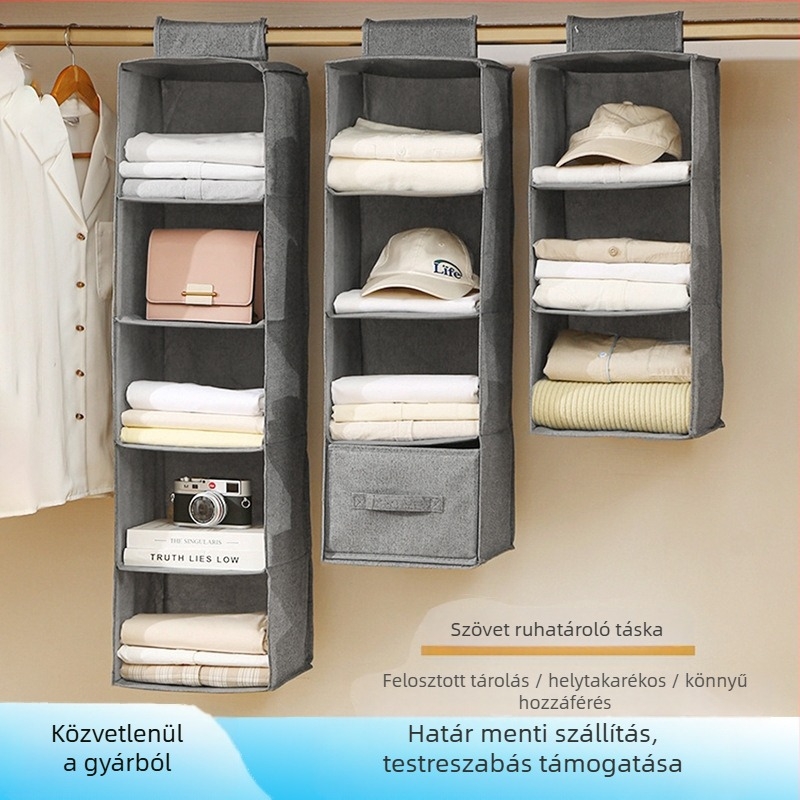 Garderobba akasztható textil tároló táska, nagy kapacitású, több rétegű, alsóneműk és ruházat számára